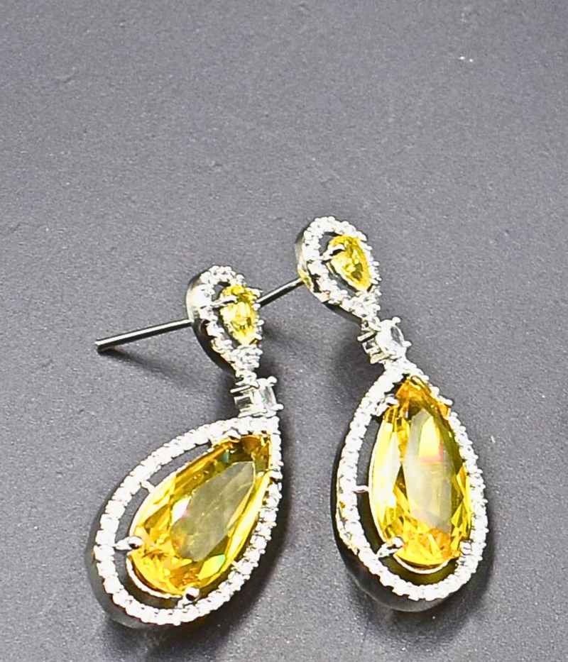 American Diamond Stone Yellow Earrings Crystal Light Topaz Cubic Zirconia Dangle Drop Bridal Earrings Blue Crystal Teardrop Earrings